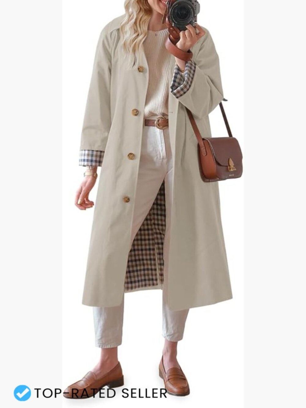 Long Oversized Button Down Trench Coat Classic Collar Plaid Lining Windproof